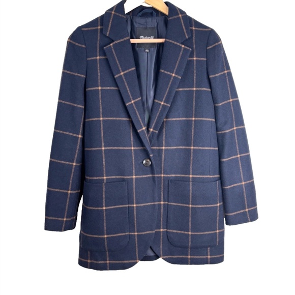 Madewell Larsen Blazer S Navy Wool Windowpane Plaid Academia Old Money Oversized - Picture 2 of 13